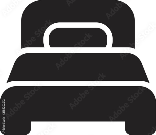 Simple black and white icon of a double bed with a headboard and bedding