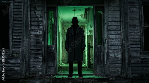 Silhouetted mysterious man standing in doorway of dark house with green light