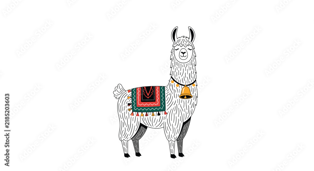 Fototapeta premium Charming hand-drawn illustration of a white llama standing with a colorful patterned blanket and a golden bell around its neck.