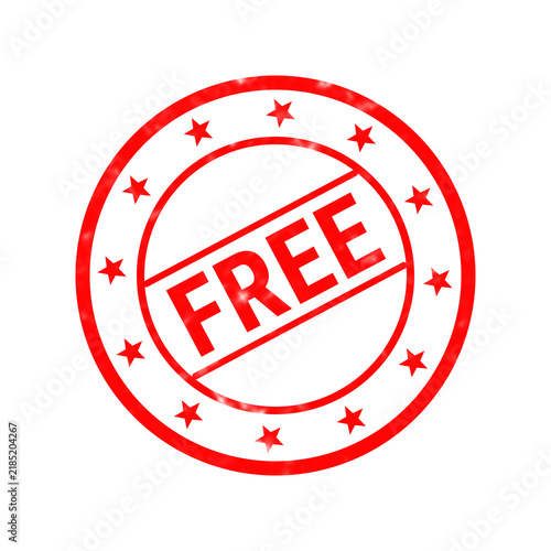 Red free stamp icon isolated on white background, round rubber stamp with stars, promotional sale badge for marketing
