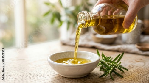Healthy extra virgin olive oil pouring into a bowl