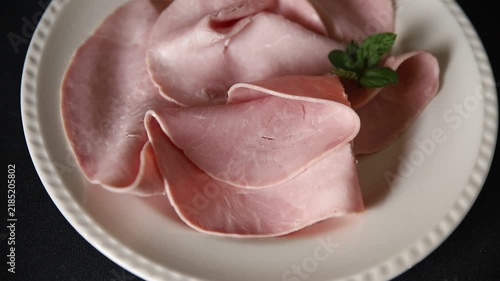 Pork ham sliced meat natural meat ingredient delicious snack gourmet dish table setting rustic style dish top view copy space