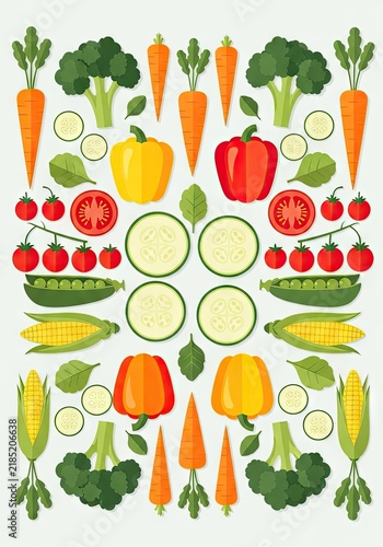 Colorful arrangement of fresh vegetables and fruits on white background