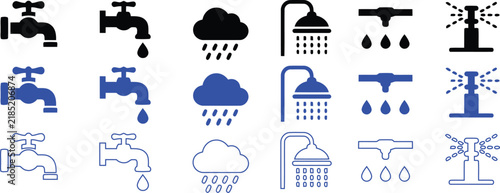 Water and Plumbing Icon Set with Faucet Shower Sprinkler and Rain Cloud Symbols