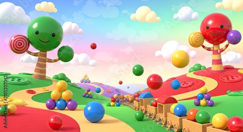 Colorful cartoon playground scene with trees balls and a toy train for kids