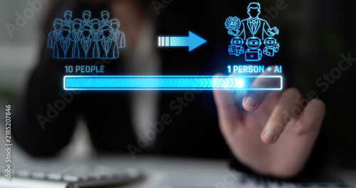 Cuadro en lienzo Illustration of Human Resource Efficiency through AI Technology Showing Transition from Many People to One Person with Support of Artificial Intelligence