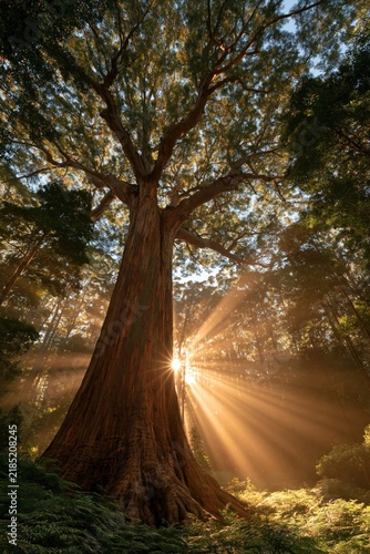 Sunlight beams through tall trees in a dense forest during the late afternoon