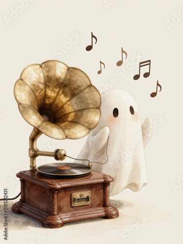 Cute ghost listening to antique gramophone music watercolor illustration