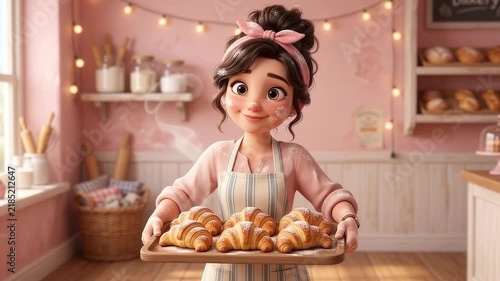 3D character animation of a cute young female baker holding a tray of fresh croissants in a cozy bakery