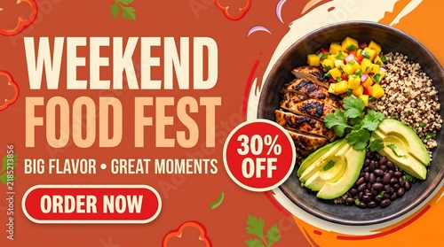Weekend food fest promotion banner with 30 off discount and delicious meal image