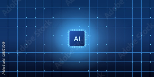 Futuristic blue artificial intelligence circuit grid background, a clean circuit grid surrounding a glowing chip, abstract futuristic design for branding, brochure and cover, edition 2.