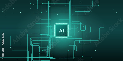 Futuristic teal and cyan AI microchip background with a data stream circuit, horizontal circuit traces streaming into a bright microchip, abstract tech concept for backdrop and, edition 2.