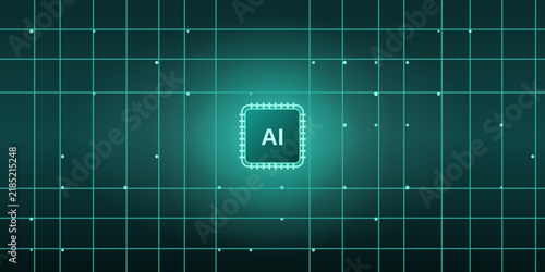 Abstract teal and cyan AI circuit grid background, a clean circuit grid surrounding a glowing chip, sleek technology design for branding, brochure and cover, edition 2.