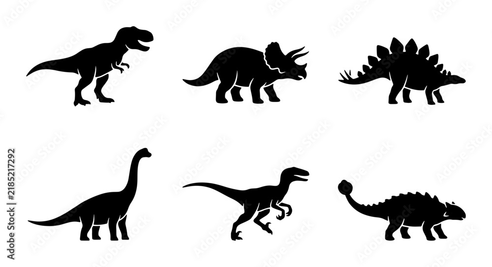 Fototapeta premium Dinosaur Silhouettes Vector Set: Prehistoric Icons for Kids, Education, and Paleontology Graphics