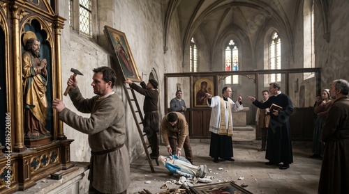 Men removing religious statues and icons from old gothic church during reformation iconoclasm. Priest arguing with monk while workers destroy sacred art. Medieval religion and church conflict concept.
