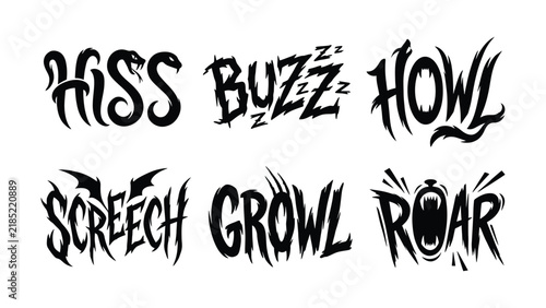 Set of black hand drawn creature sound effect lettering for comic books and horror themes