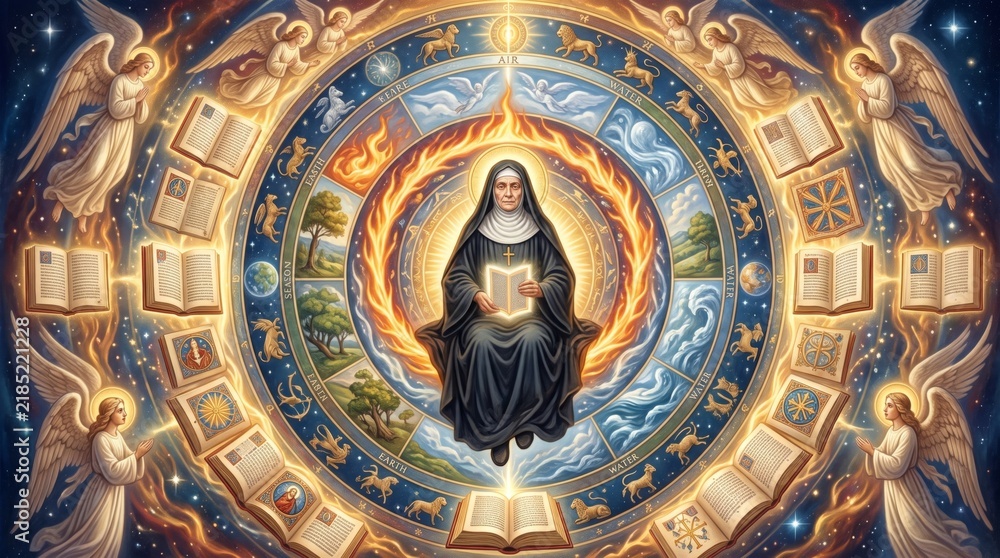Fototapeta premium Nun with glowing book surrounded by fire ring and sacred mandala of elements. Angels praying and open gospel books in mystical religious