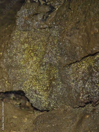 Konstfotografi Close-up of rare glistening gold and silver actinobacteria colonies covered in reflective water condensation droplets on dark cave rock in Predjama