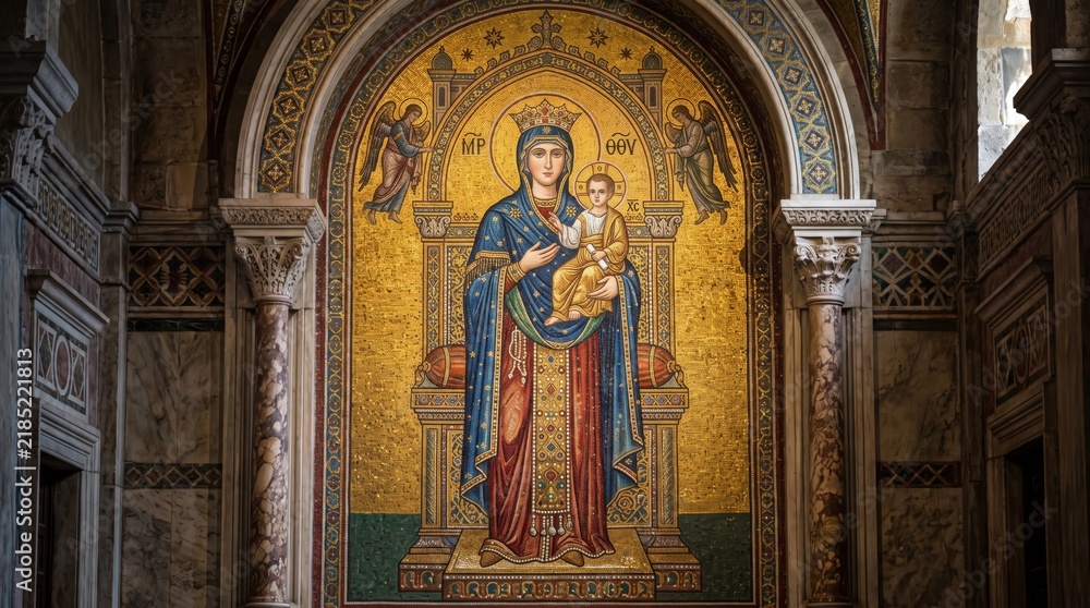 Fototapeta premium Byzantine mosaic of virgin mary with child jesus in ornate cathedral. Religious art with angels and golden background. Catholic icon for worship, christmas, faith and christian tradition concept