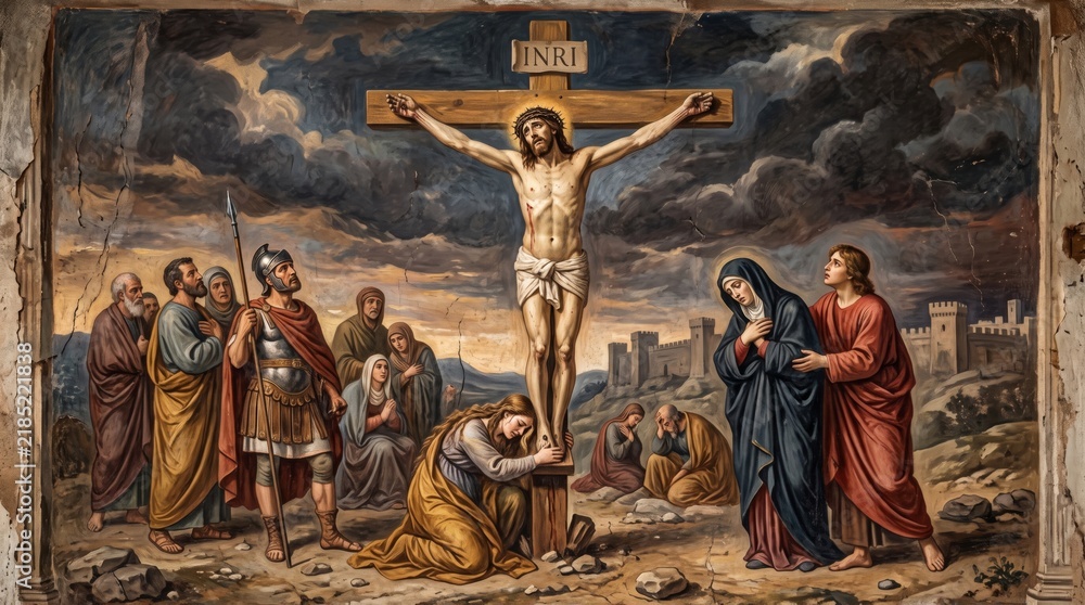 Fototapeta premium Crucifixion of Jesus Christ on the cross with Virgin Mary and mourners. Biblical religious painting of Golgotha with roman soldier and praying women. Christian faith, Easter and catholic art concept.