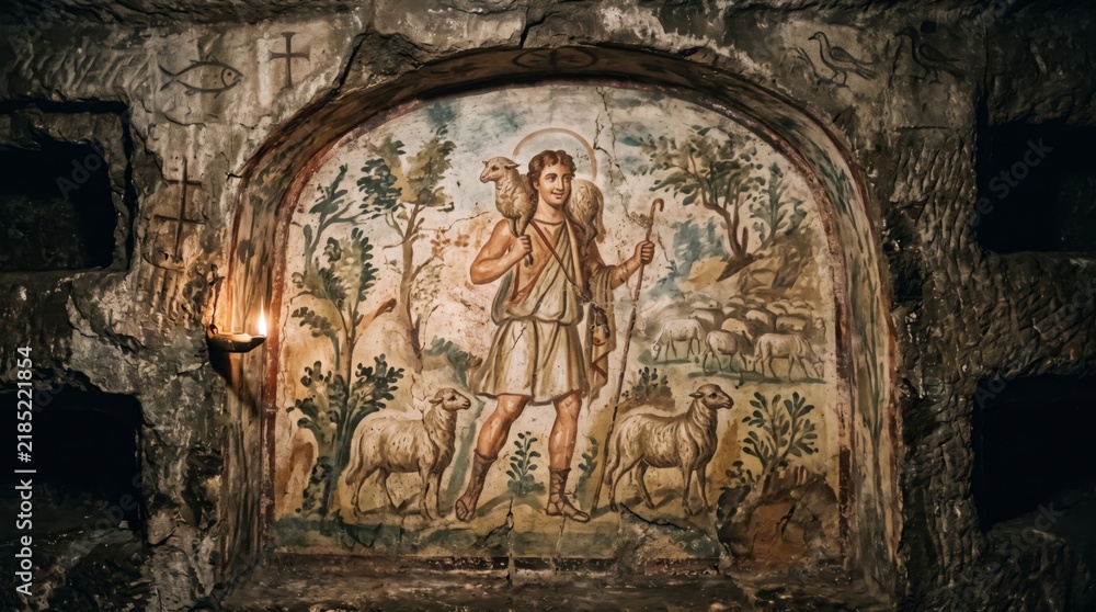 Obraz premium Ancient fresco of Jesus Christ as good shepherd carrying lamb on shoulder in early christian catacomb. Shepherd with sheep and halo on stone wall illuminated by candle