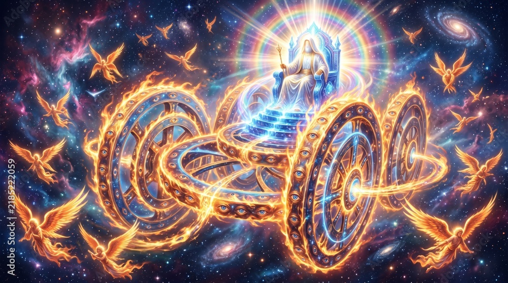 Fototapeta premium God on throne riding fiery chariot with mystical wheels covered in eyes surrounded by angels in cosmic space. Biblical vision of divine glory and