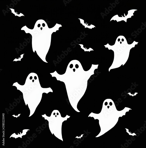 Halloween White Flying Ghosts and Tiny Bats Seamless Pattern Isolated on Black Background Minimal Creepy Silhouette Style