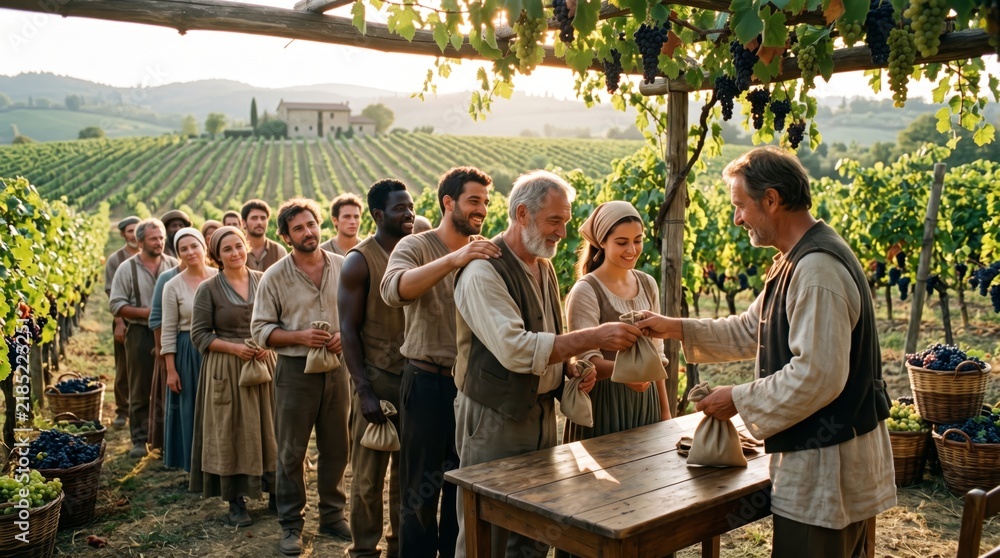 Obraz premium Man paying wages to vineyard workers in biblical parable scene. Landowner giving money bags to laborers at grape harvest in