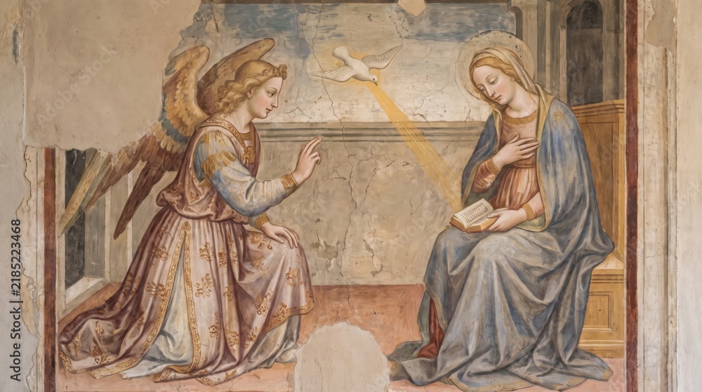 Fototapeta premium Annunciation fresco with angel Gabriel kneeling before virgin Mary reading book and white dove of holy spirit. Renaissance religious art