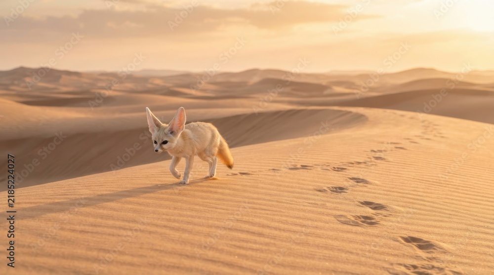 Fototapeta premium Lone Fennec Fox Navigating Desert Dunes: A solitary fennec fox with oversized ears treads across rippled sand dunes under a soft, hazy desert sky at sunrise or sunset.