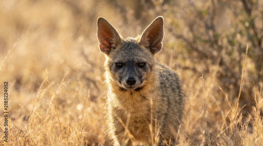 Obraz premium Cape Fox in Golden Hour: A young Cape fox with striking large ears and curious gaze stands alert in a dry, grassy field bathed in the warm, soft light of the golden hour.