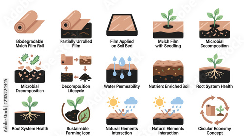 Minimalist of Biodegradable Mulch Film Process and Benefits in Sustainable Farming with high quality professional line art symbols for modern creative design and digital branding projects