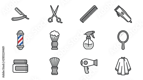 Sleek Minimalist Line Icons Set Featuring Barbershop Tools and Hair Styling Equipment in Monochrome