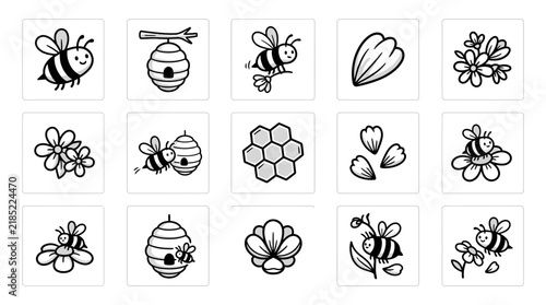 Clean Black and White Illustrations of Bees Honeycombs Flowers and Pollination Elements Art Set