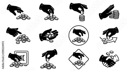 Clean Black and White Icons Showing Various Hand to Hand Money Exchange and Digital Transactions
