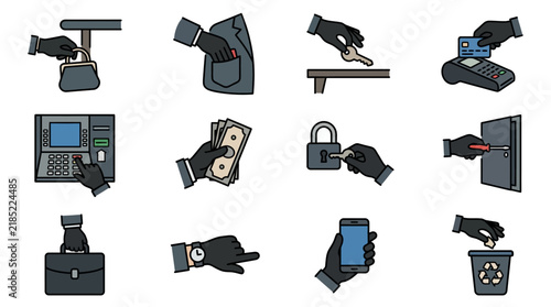 Clean Black and White Flat of Common Theft and Security Related Actions with Hands and Objects with high quality professional line art symbols for modern creative design and digital branding projects