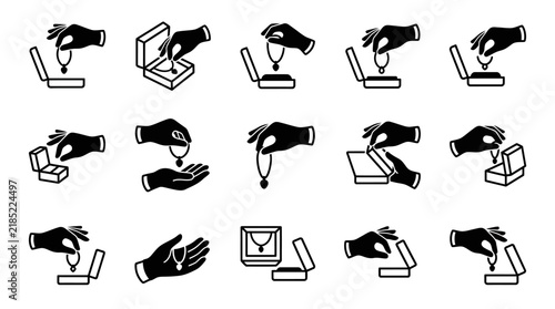 Corporate Black and White Hand Drawn Icons Showing Various Jewelry Gifting Scenarios with Laptop Boxes and Hands