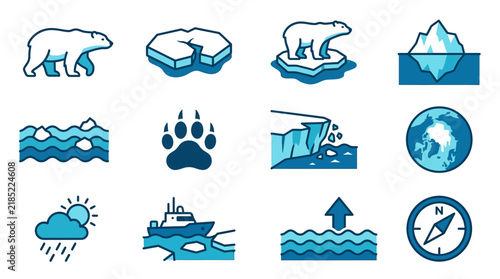 Minimalist Arctic and Polar Exploration Icon Set with Polar Bears Icebergs and Navigation Elements in Blue and White