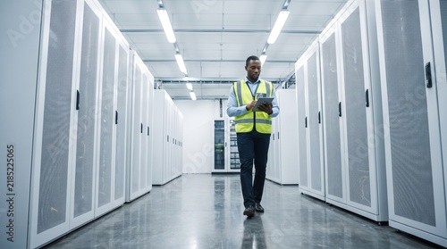 IT Technician Walking Through Data Center Server Aisle With Tablet Photo - data center, server room, IT technician, server racks, tablet computer, network infrastructure, technology facility, data