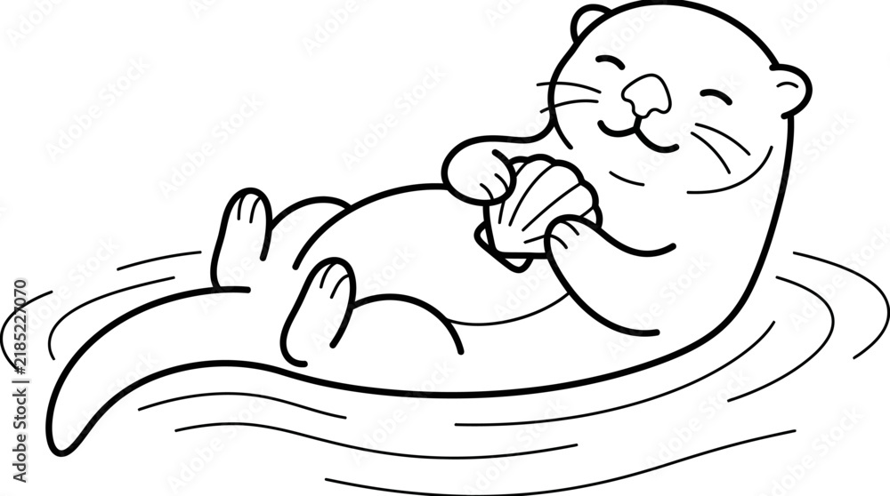 Obraz premium Sleek Black and White Line Drawing of a Relaxing Otter Floating on Wavy Water with high quality professional line art symbols for modern creative design and digital branding projects