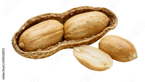 Quadro su tela Open peanut shell with two whole peanuts inside and two shelled peanuts nearby,