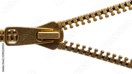Foto Brass zipper slider and teeth partially open, isolated on transparent background
