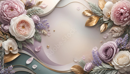 Elegant floral border with blooming roses and gold leaves on a soft pastel background wedding invitation flower arrangement floral backdrop spring theme