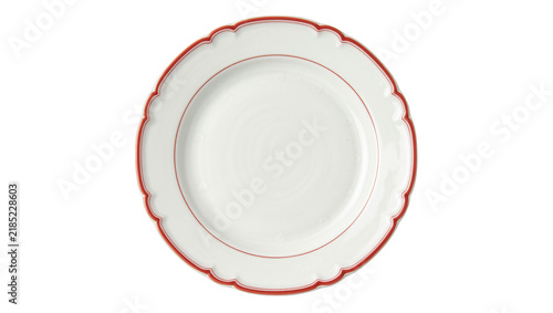 Bild auf Leinwand White ceramic dinner plate with scalloped red rim, isolated on transparent backg