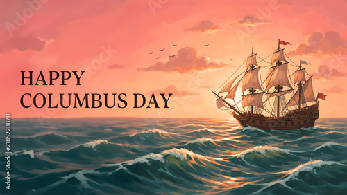 Happy columbus day greeting card featuring a vintage wooden sailing ship on blue ocean waves under a soft pink and orange sunset sky