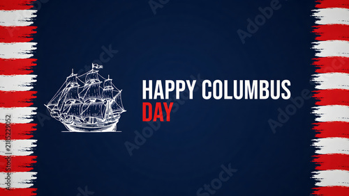 Happy columbus day greeting card featuring a white line of a historic sailing ship on a dark blue background, with red stripes
