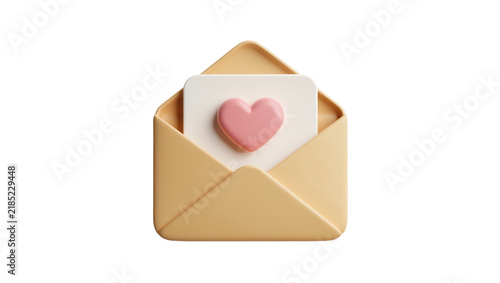 Cuadro en lienzo Open beige envelope with white card and pink heart, isolated on transparent back