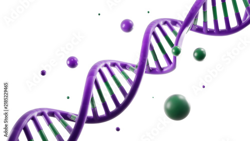 Canvastavla Purple and green DNA helix structure with floating spheres, isolated on transpar