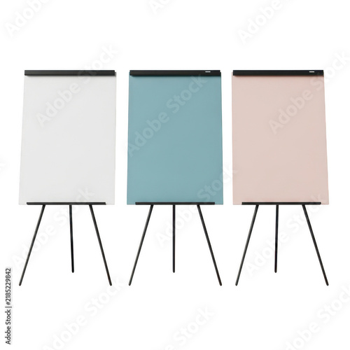 Three colorful flipchart stands with blank paper sheets isolated on white background