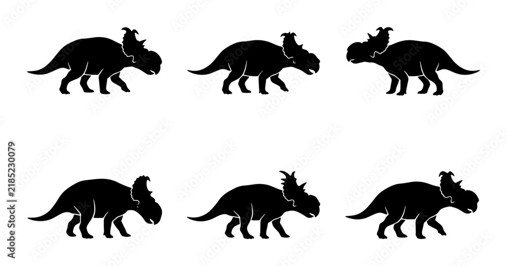 Obraz premium Six Triceratops Dinosaur Silhouettes, Prehistoric Reptile Vector Icons, Ancient Creature Graphics
